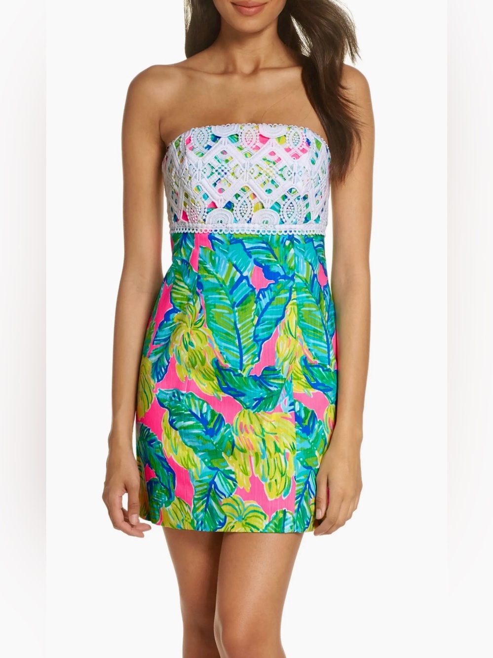 Lilly Pulitzer Crochet-Top Cotton Blend Tropical Print Mini Dress
